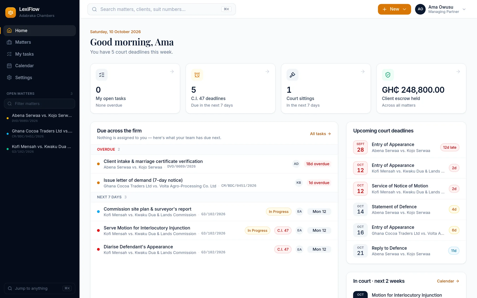 The Docket360 home dashboard
