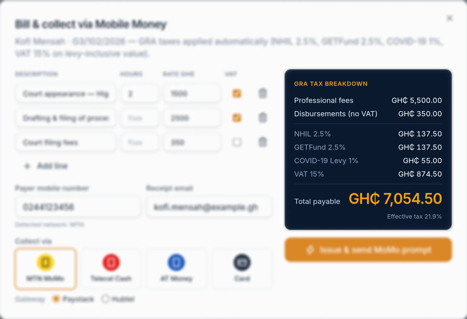 Preview of a Mobile Money invoice with GRA taxes